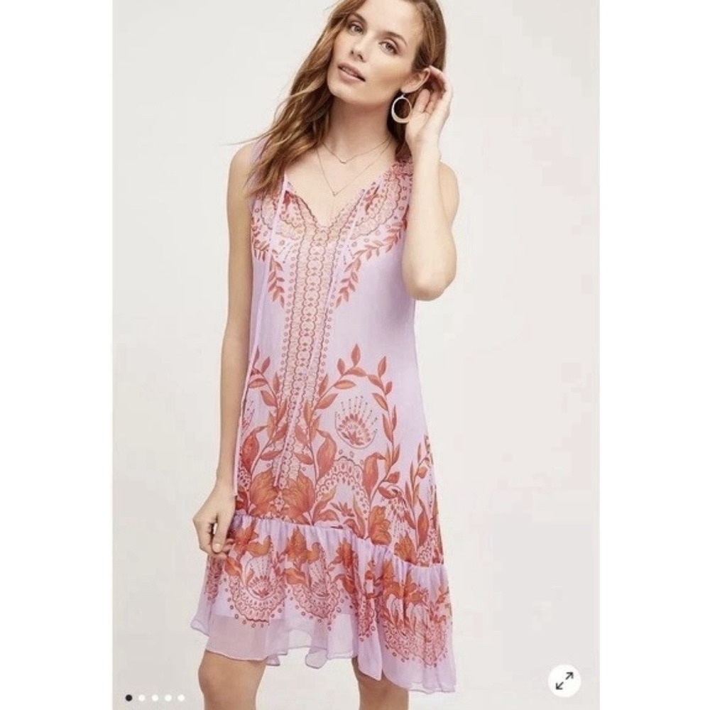 Anthropologie Florets Wisteria Silk Dress Size US 2 Boho Purple Red Sheer Boho